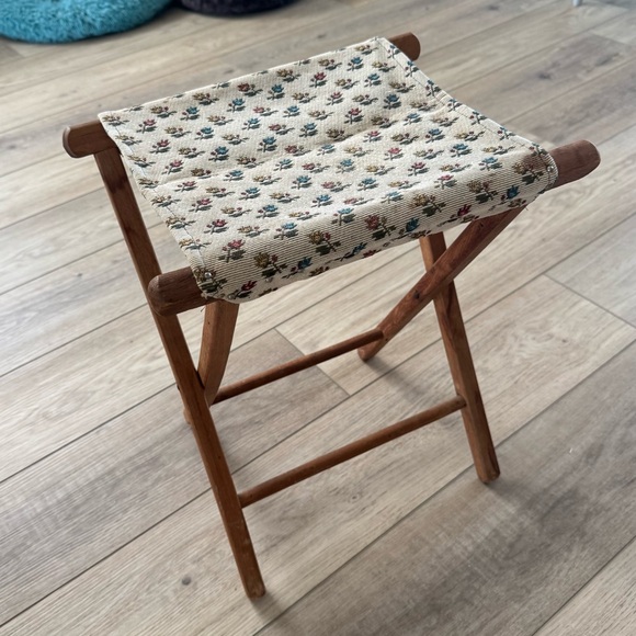 Other - Vintage Folding Luggage Rack with Floral Cream Canvas Seat
